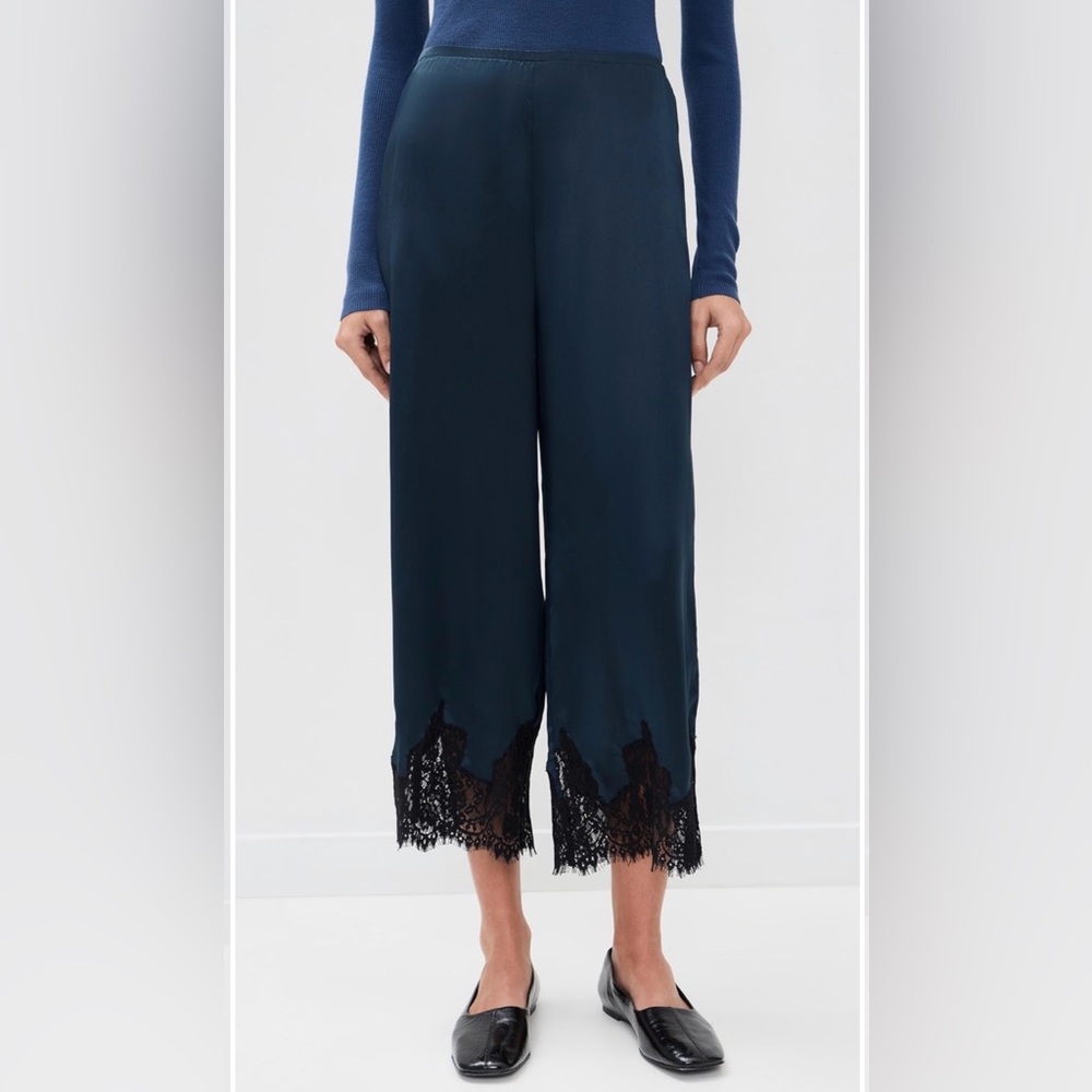 Reformation Carolina Silk Lace Hem Pants Navy Satin Wide Leg Size M NWT $218